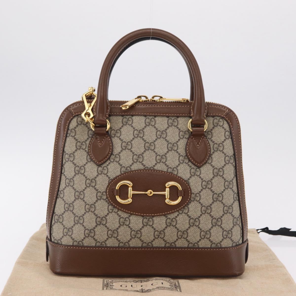 GUCCI GG Supreme Horsebit 1955 Hand Bag PVC 2way Beige Gold 621220 Auth 206416V