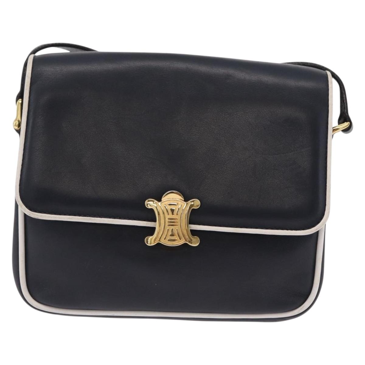 CELINE Shoulder Bag Leather Navy Gold Auth 206422A