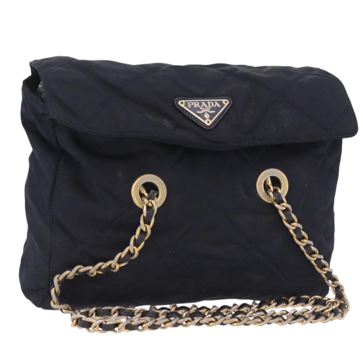 PRADA Chain Shoulder Bag Nylon Navy Gold Auth 206423