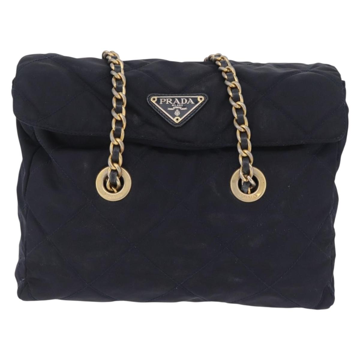 PRADA Chain Shoulder Bag Nylon Navy Gold Auth 206423