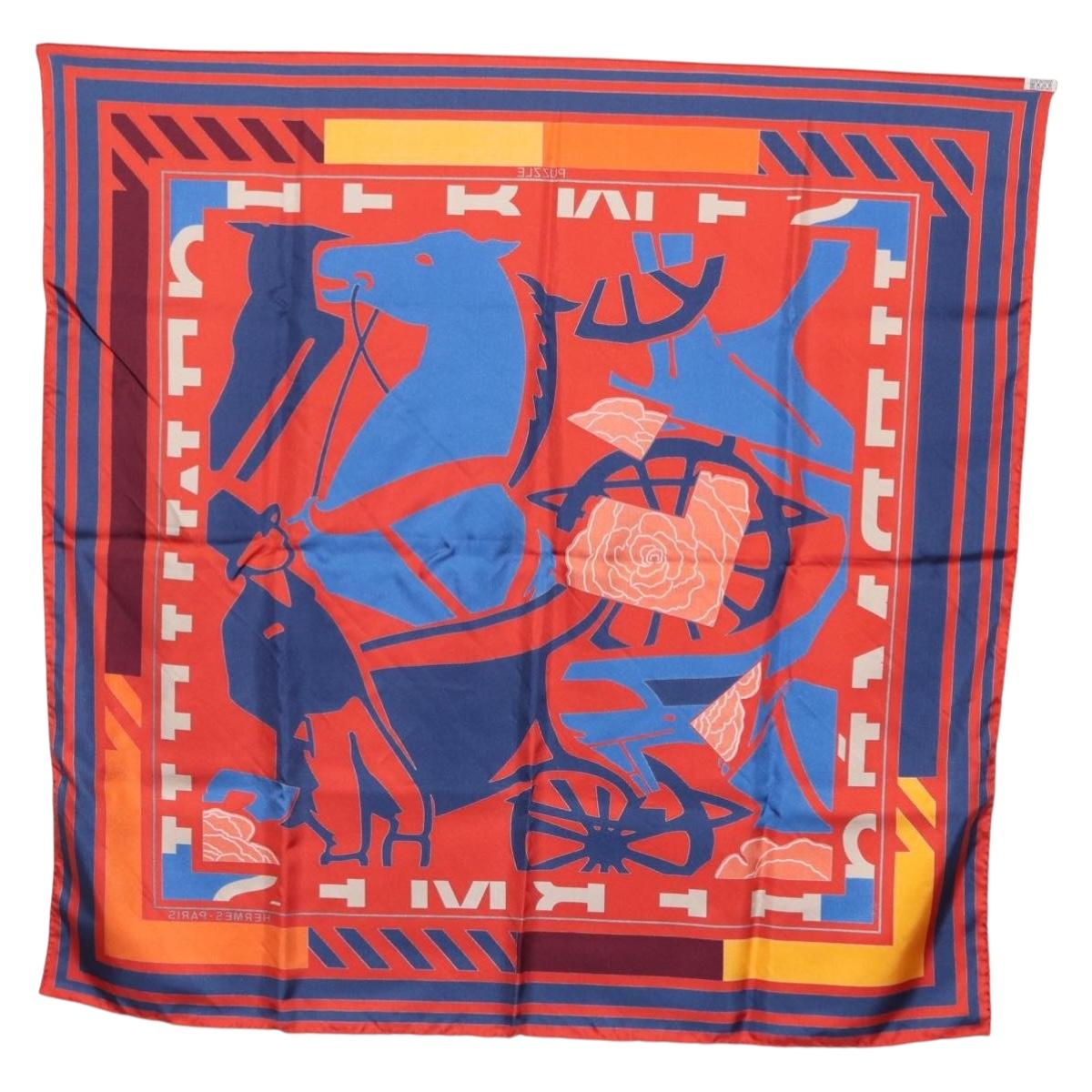 HERMES Carre 90 Scarf ""PUZZLE"" Silk Orange Auth 206427M