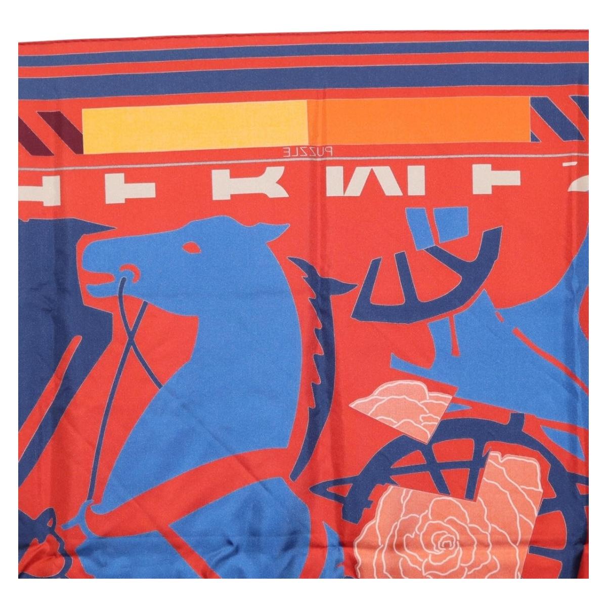 HERMES Carre 90 Scarf ""PUZZLE"" Silk Orange Auth 206427M