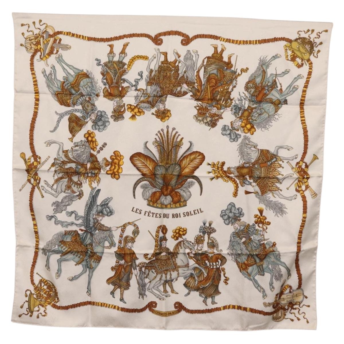 HERMES Carre 90 Scarf hLES FETES DU ROI SOLEILh Silk White Auth 206431