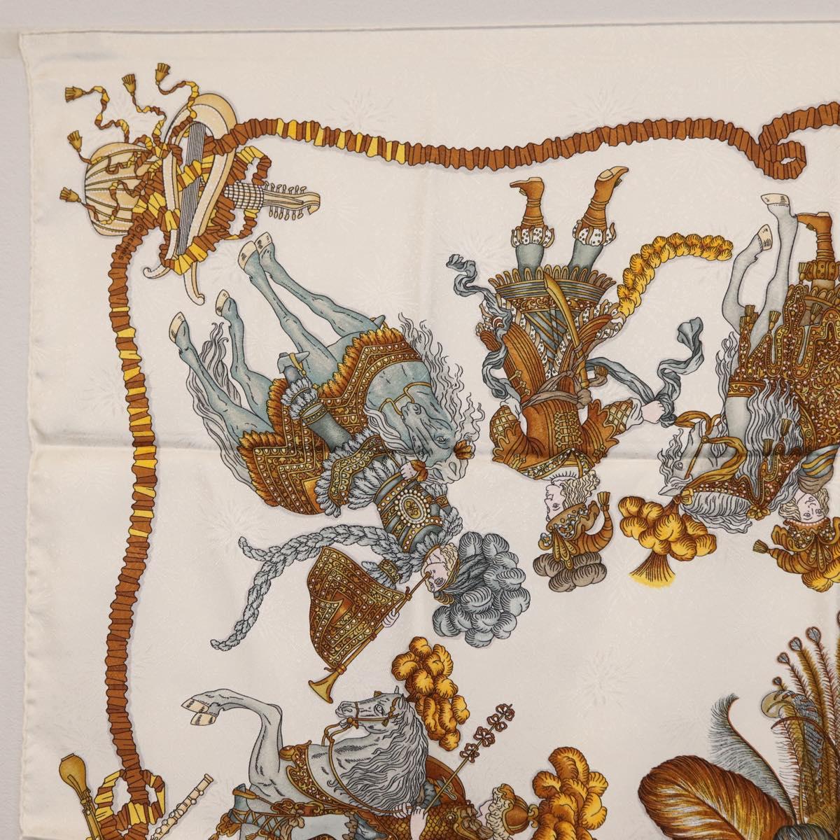 HERMES Carre 90 Scarf hLES FETES DU ROI SOLEILh Silk White Auth 206431