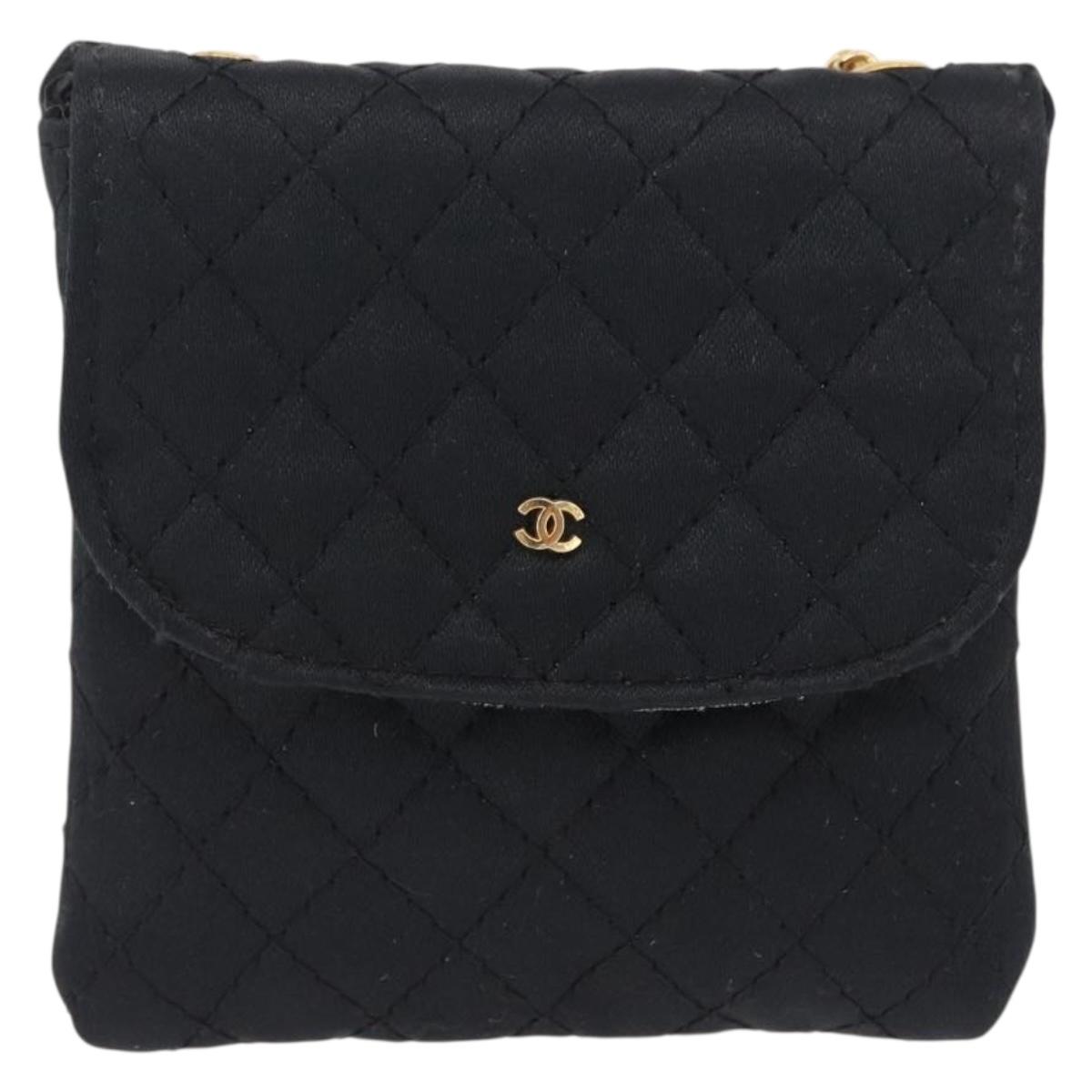 CHANEL Matelasse Chain Shoulder Pouch Satin Black Gold CC Auth 206434A