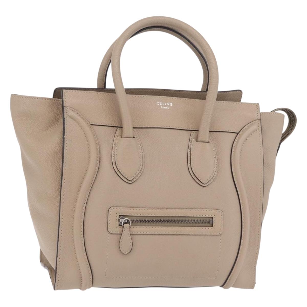 CELINE Luggage Micro Shopper Hand Bag Leather Beige Silver Auth 206453A