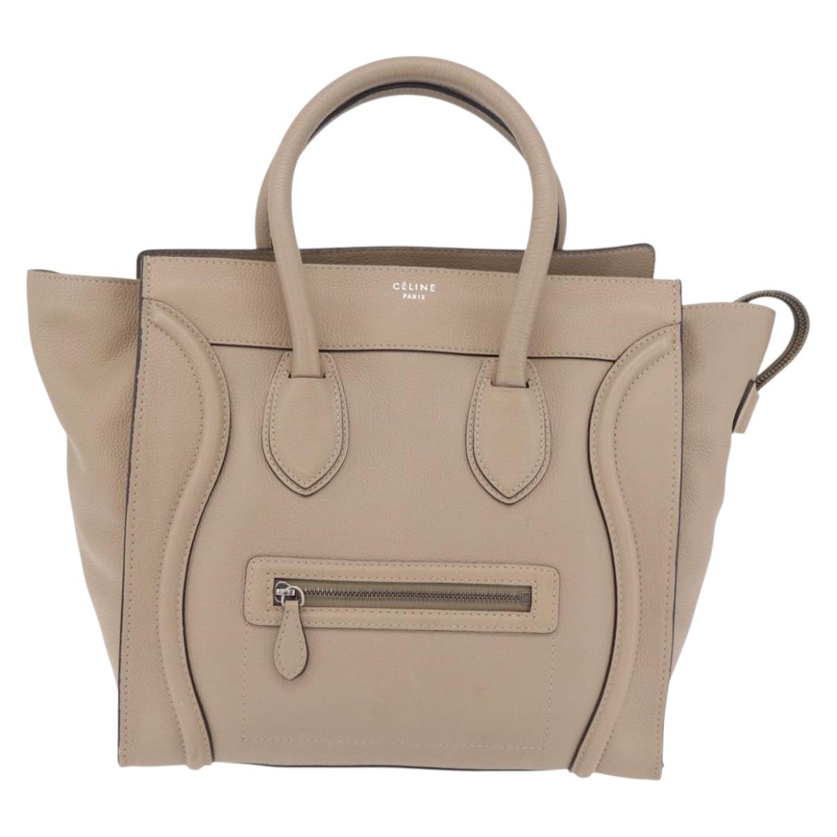 CELINE Luggage Micro Shopper Hand Bag Leather Beige Silver Auth 206453A