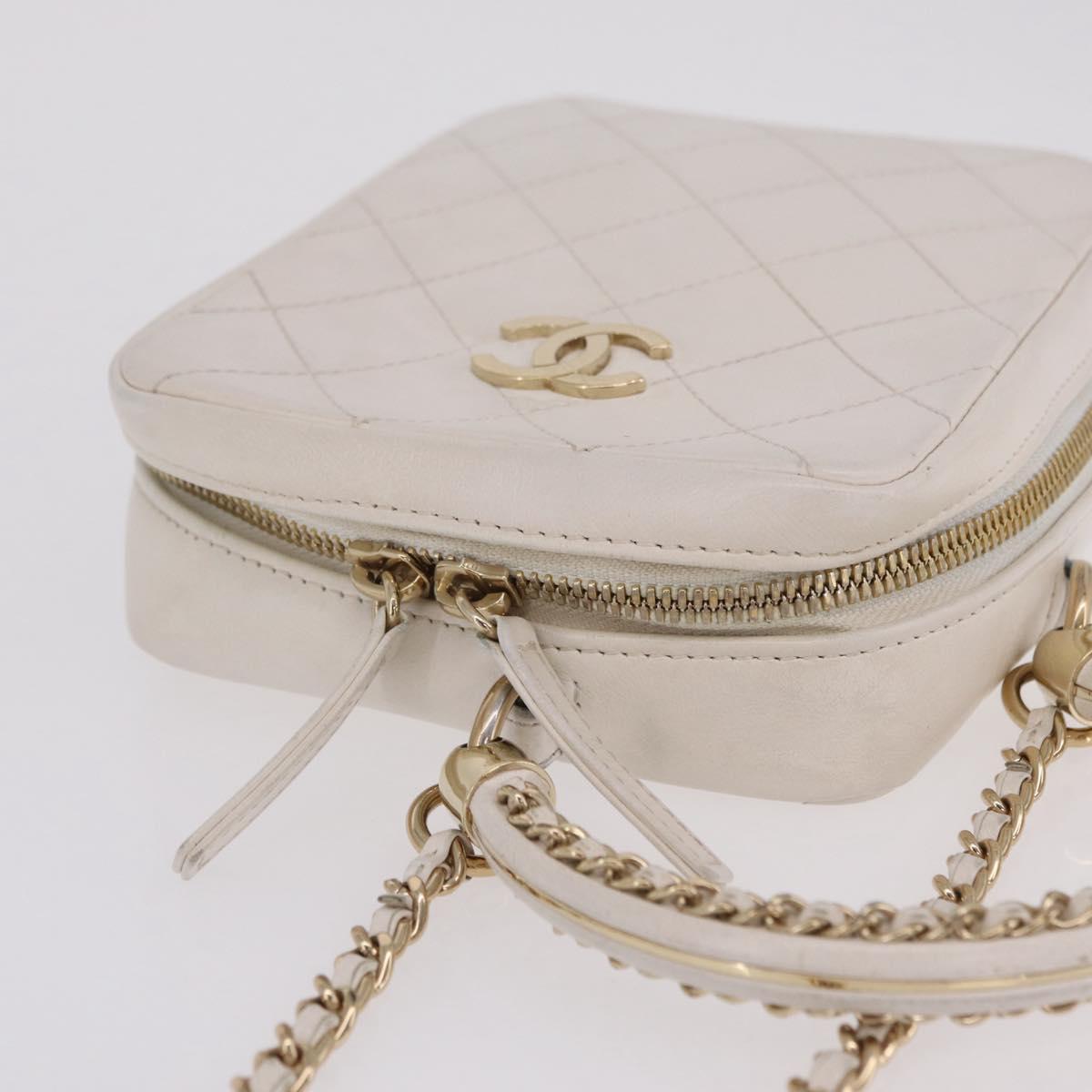 CHANEL Matelasse Chain Hand Bag Lamb Skin 2way White Gold CC Auth 206465M