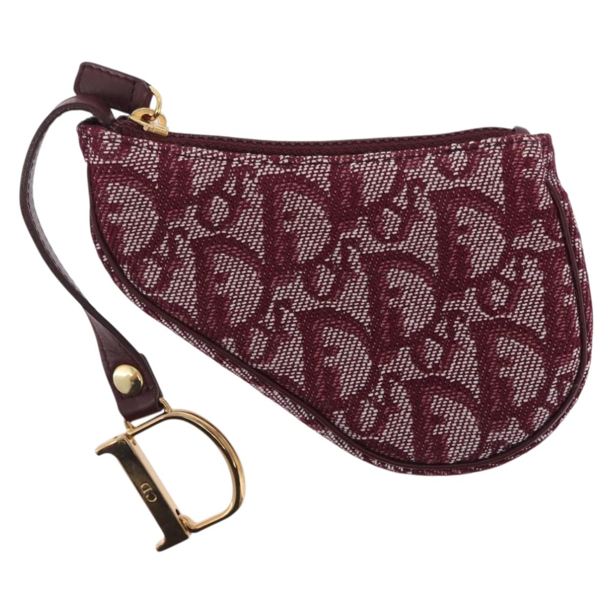 Christian Dior Trotter Canvas Saddle Coin Purse Red Gold Auth 206467M