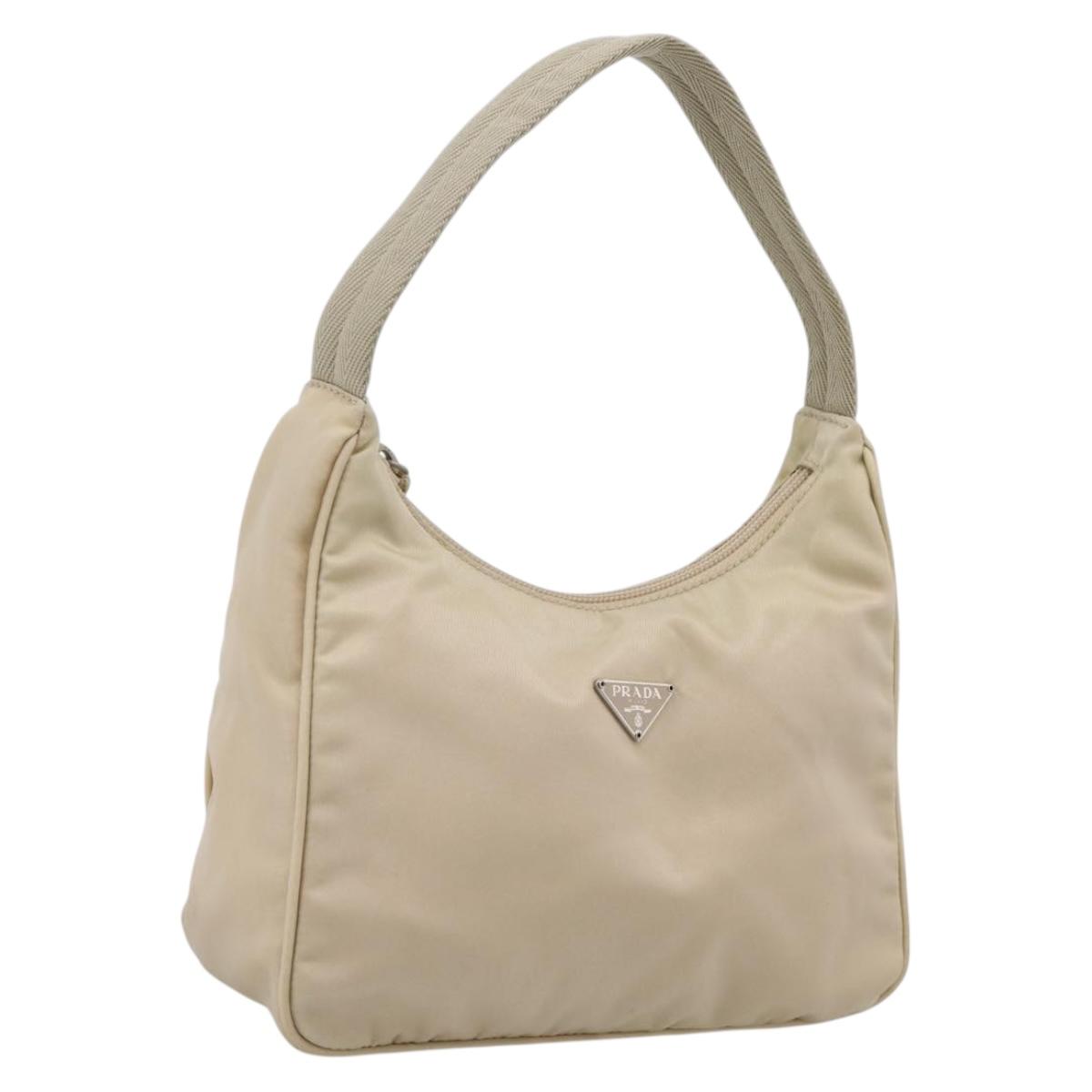 PRADA Hand Pouch Hand Bag Nylon Beige Silver Auth 206468A