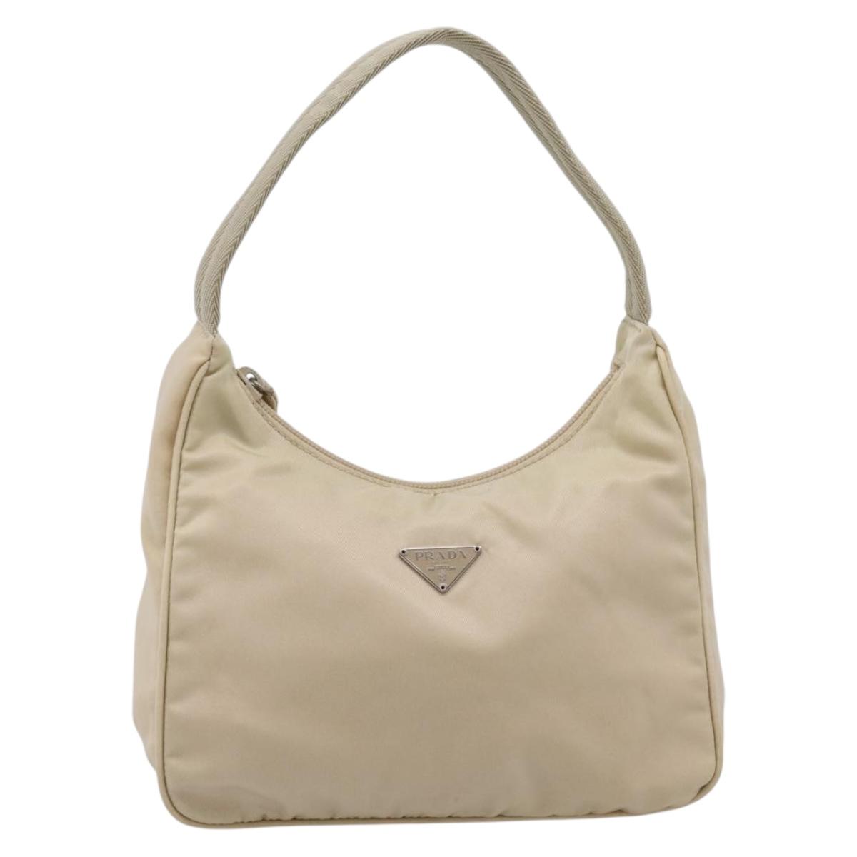 PRADA Hand Pouch Hand Bag Nylon Beige Silver Auth 206468A