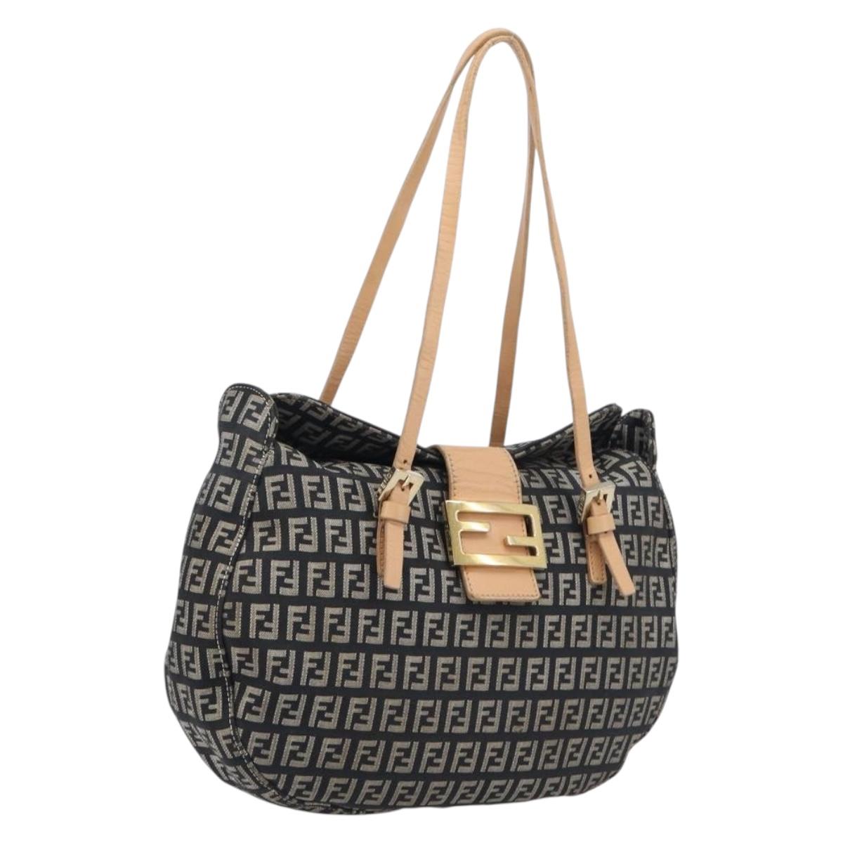 FENDI Zucchino Canvas Mamma Baguette Shoulder Bag Black Gold 8BR088 Auth 206474A