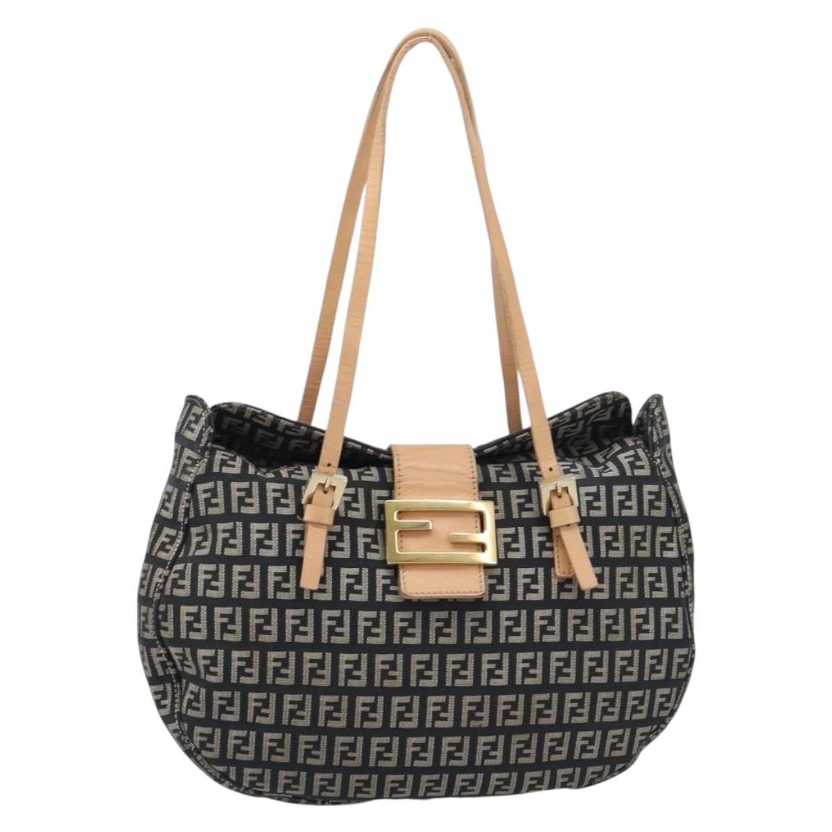 FENDI Zucchino Canvas Mamma Baguette Shoulder Bag Black Gold 8BR088 Auth 206474A