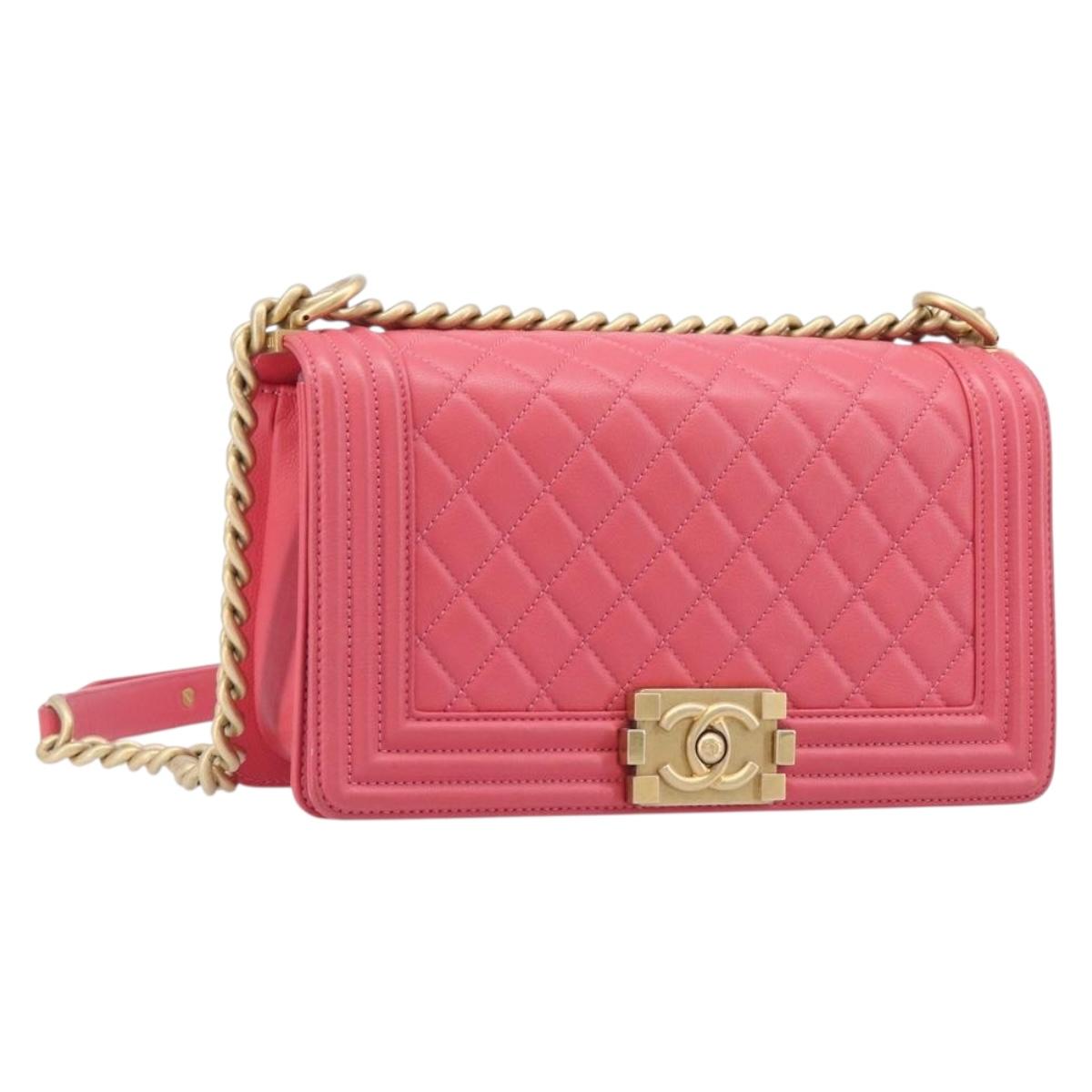 CHANEL Boy Chanel Matelasse Chain Bag Lamb Skin Pink Gold CC Auth 206483M