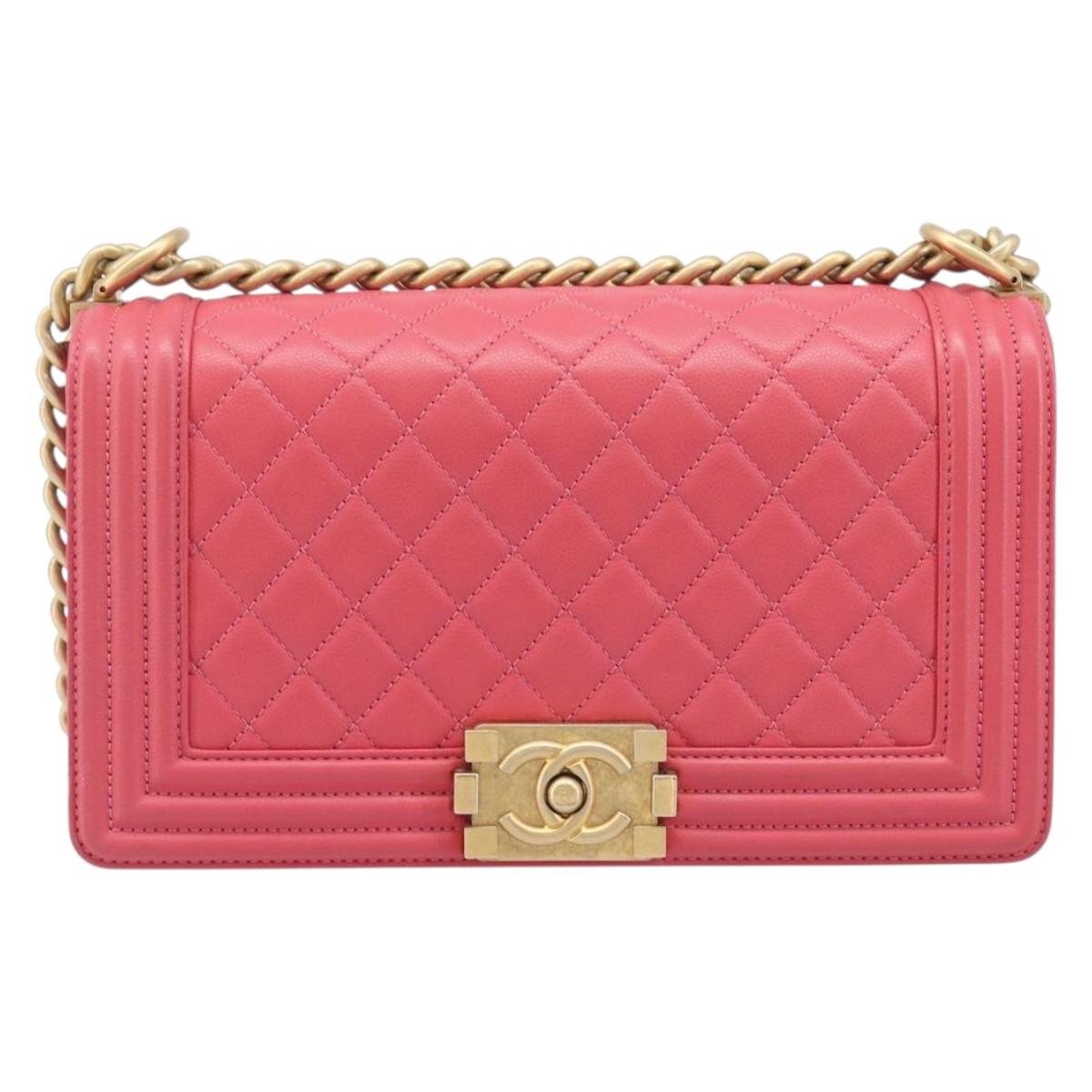 CHANEL Boy Chanel Matelasse Chain Bag Lamb Skin Pink Gold CC Auth 206483M