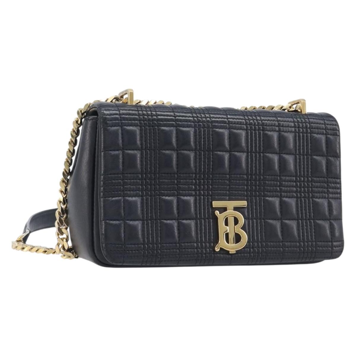 BURBERRY TB Logo Chain Shoulder Bag Leather Black Gold Auth 206499A
