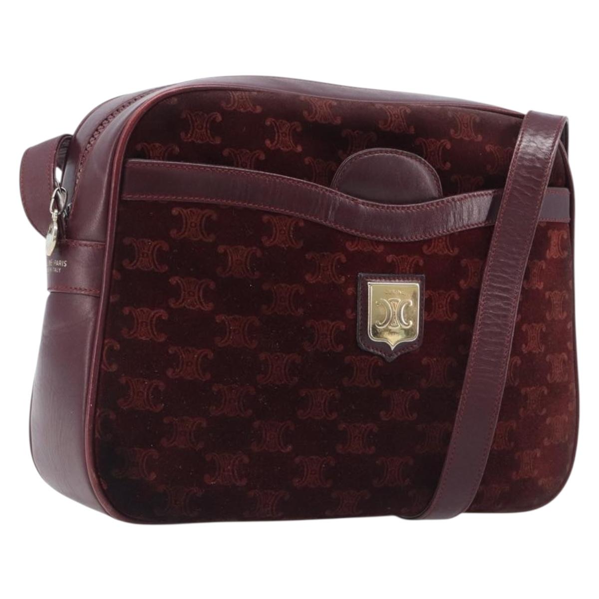 CELINE Macadam Canvas Shoulder Bag Suede Bordeaux Gold Auth 206502
