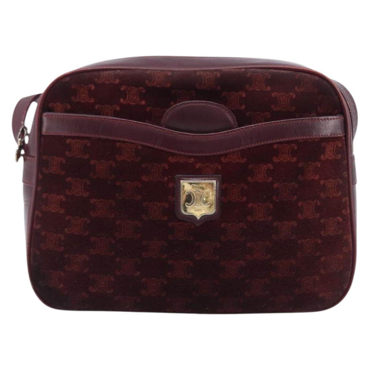 CELINE Macadam Canvas Shoulder Bag Suede Bordeaux Gold Auth 206502