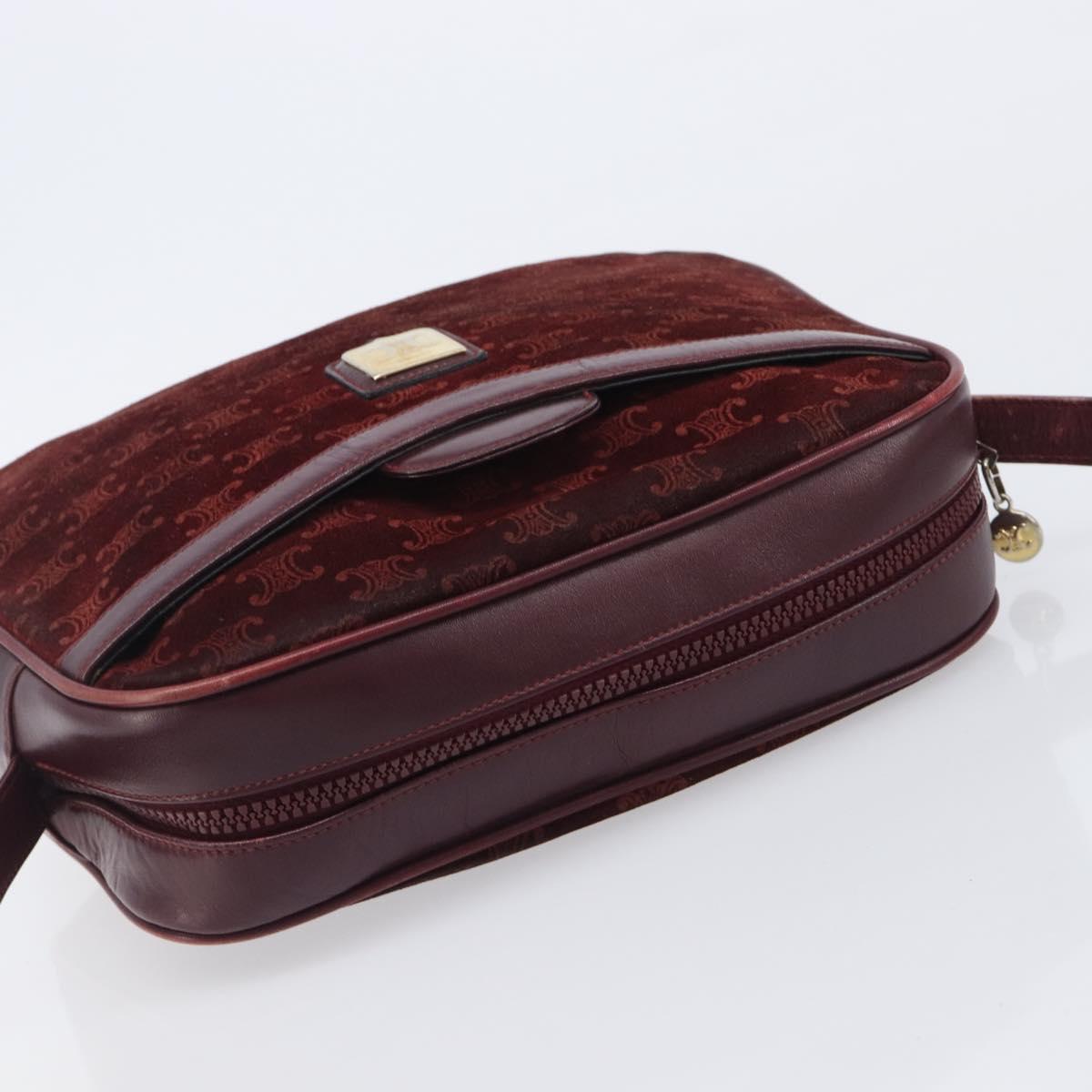 CELINE Macadam Canvas Shoulder Bag Suede Bordeaux Gold Auth 206502