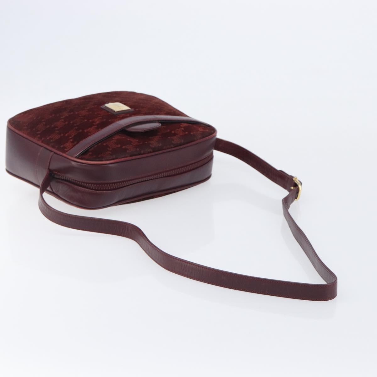 CELINE Macadam Canvas Shoulder Bag Suede Bordeaux Gold Auth 206502