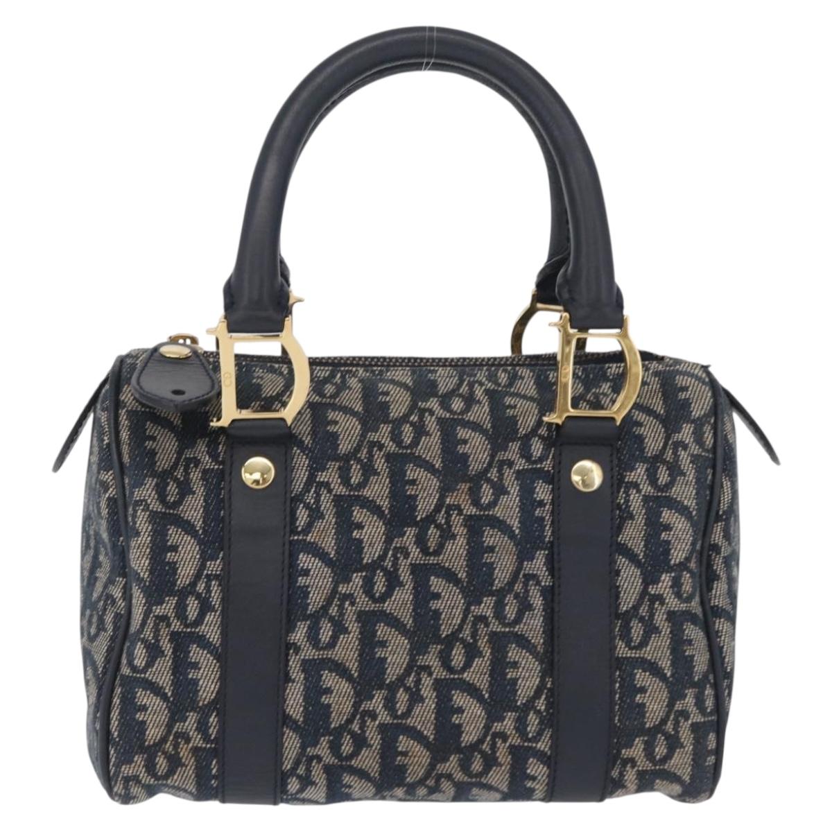 Christian Dior Trotter Canvas Hand Bag Navy Gold Auth 206522A