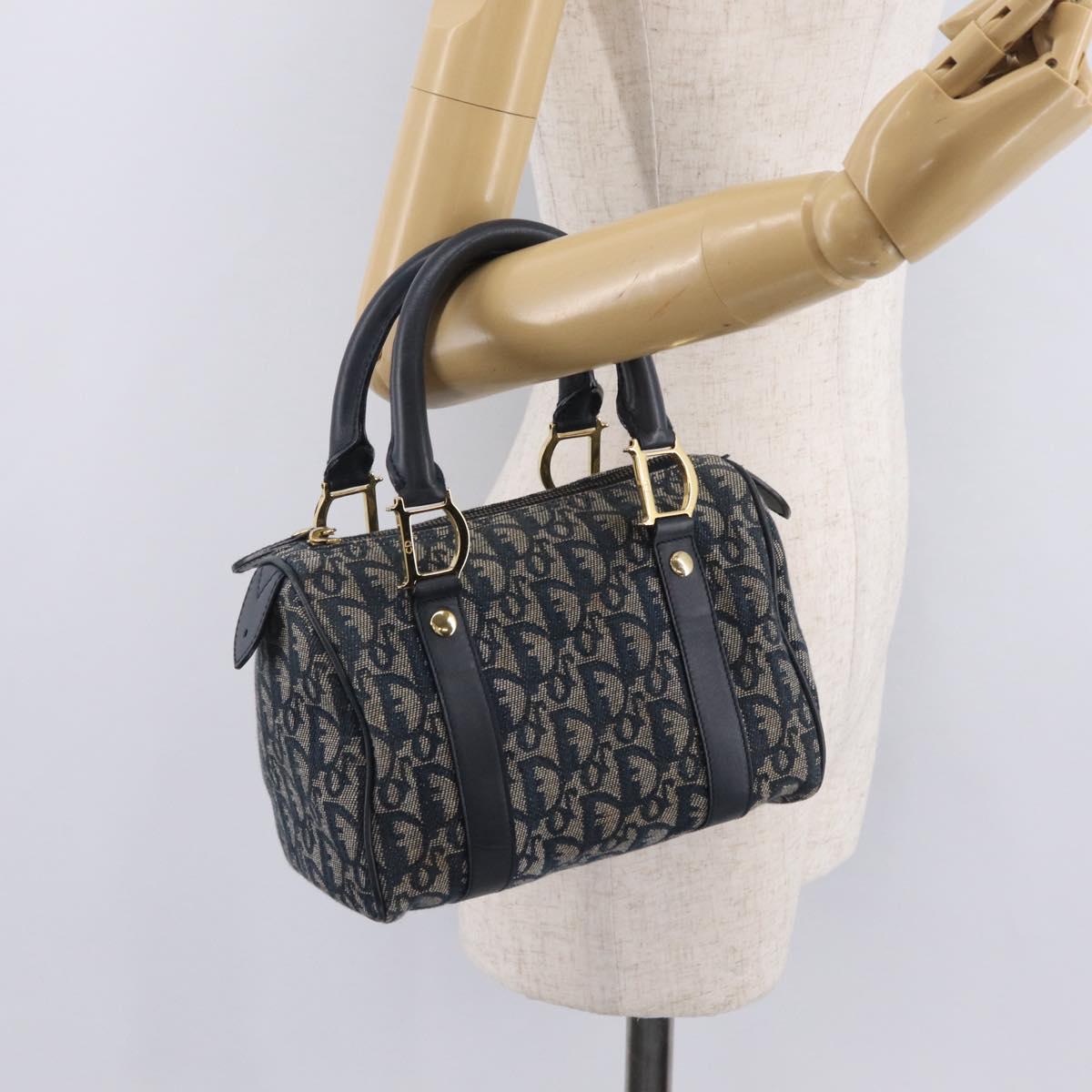 Christian Dior Trotter Canvas Hand Bag Navy Gold Auth 206522A