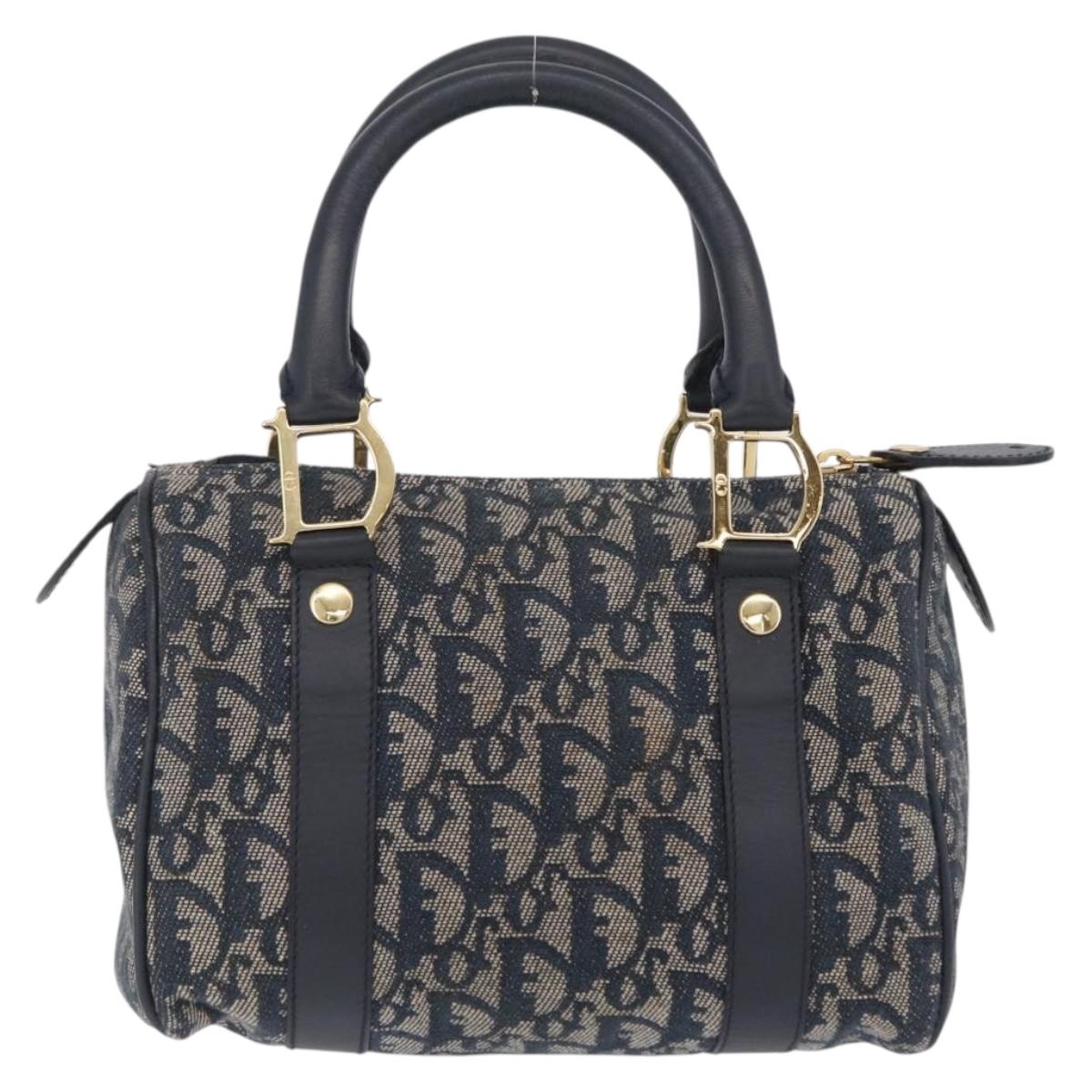 Christian Dior Trotter Canvas Hand Bag Navy Gold Auth 206522A