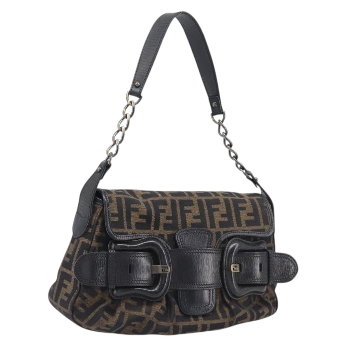 FENDI Zucca Canvas Chain Shoulder Bag Black Brown 8BR551 Auth 206529