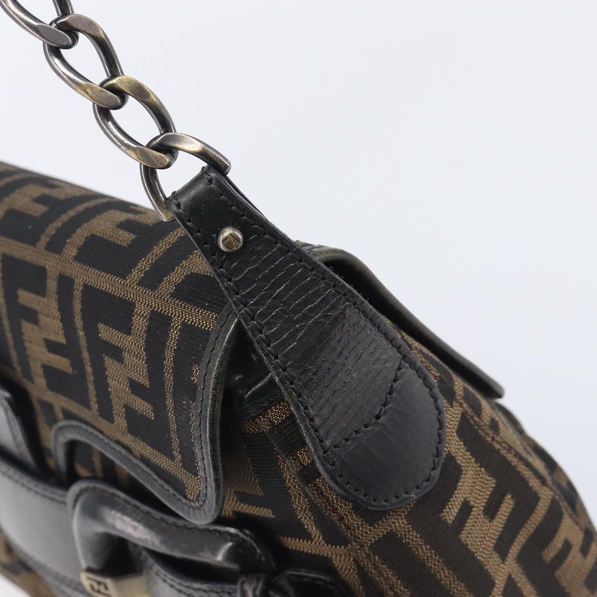 FENDI Zucca Canvas Chain Shoulder Bag Black Brown 8BR551 Auth 206529