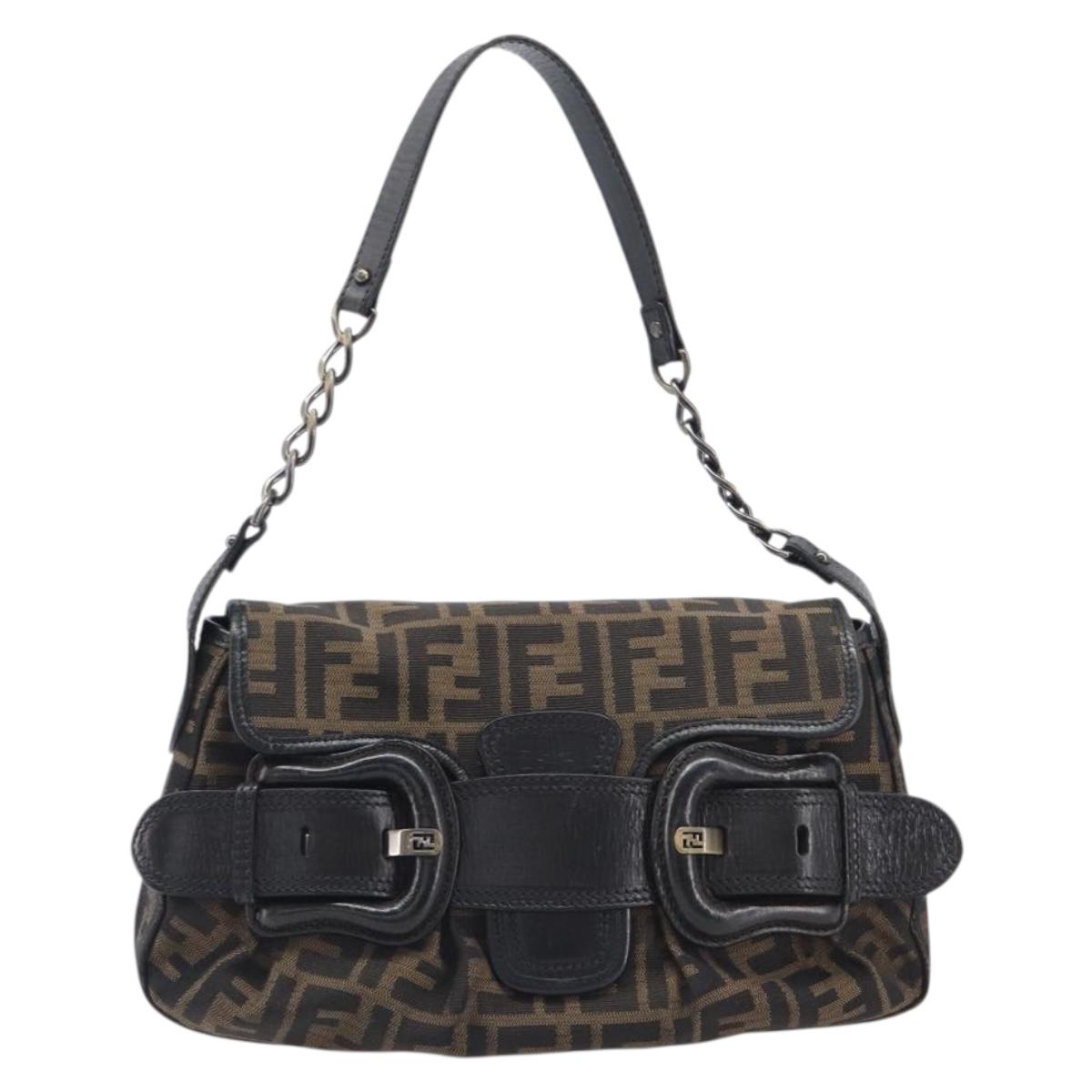 FENDI Zucca Canvas Chain Shoulder Bag Black Brown 8BR551 Auth 206529