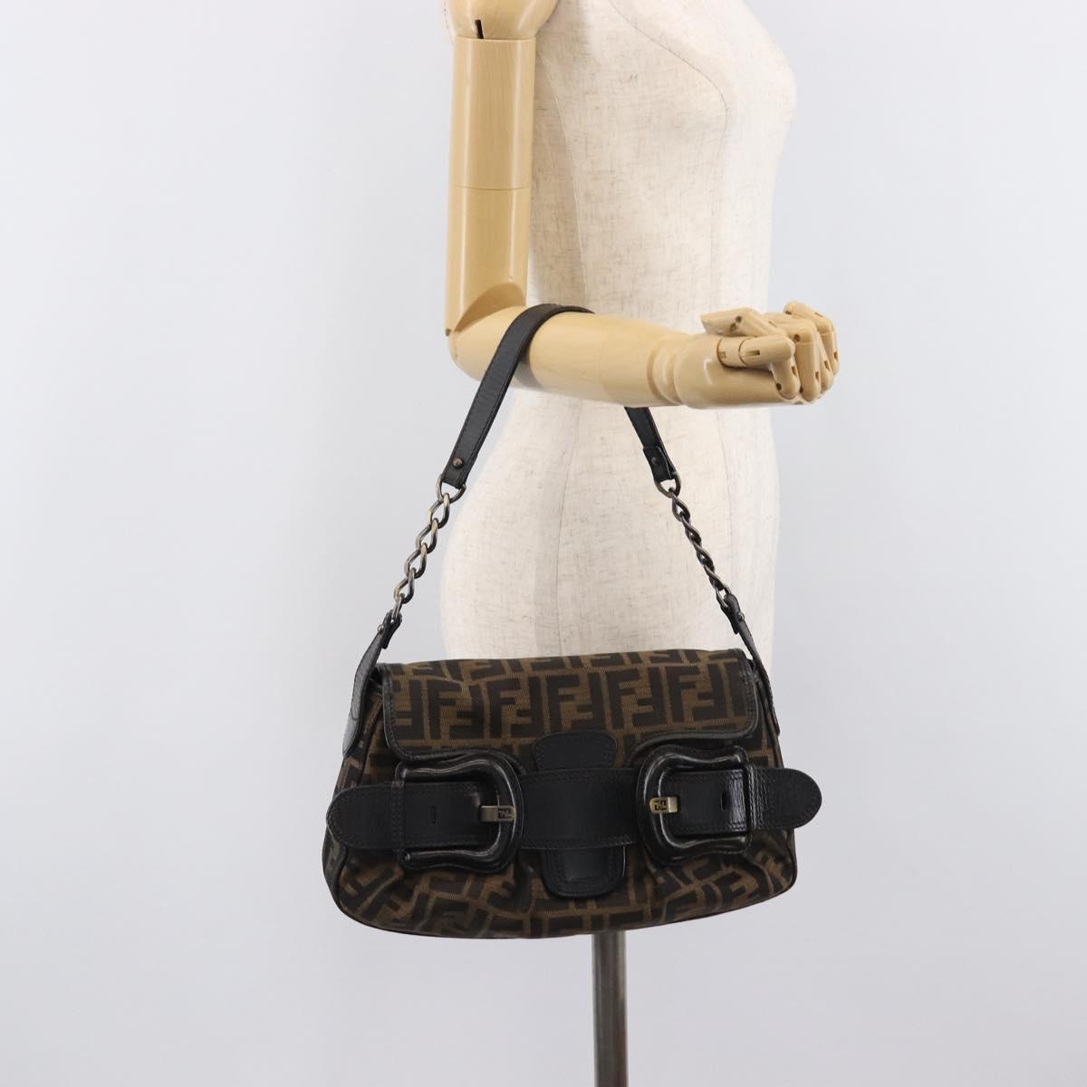 FENDI Zucca Canvas Chain Shoulder Bag Black Brown 8BR551 Auth 206529