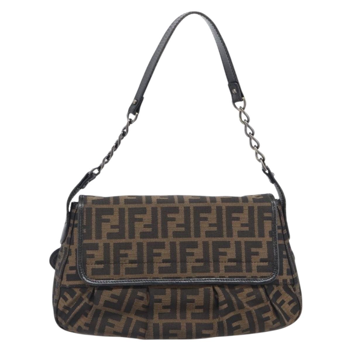 FENDI Zucca Canvas Chain Shoulder Bag Black Brown 8BR551 Auth 206529