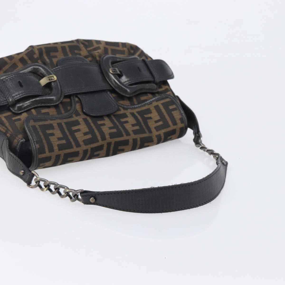 FENDI Zucca Canvas Chain Shoulder Bag Black Brown 8BR551 Auth 206529