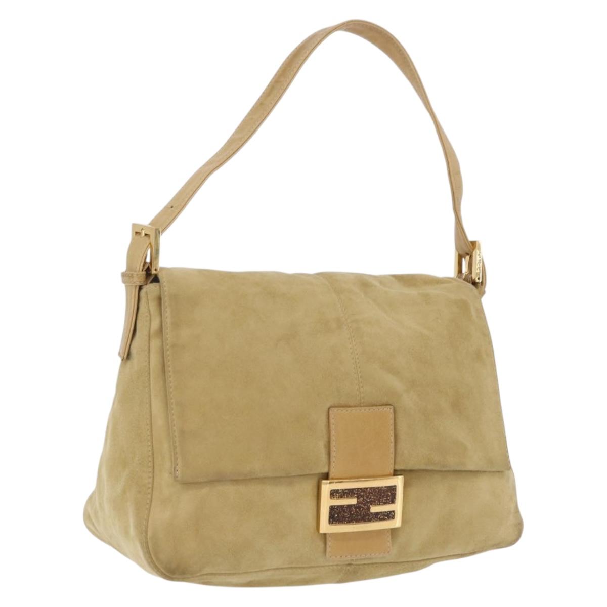 FENDI Mamma Baguette Shoulder Bag Suede Beige Gold Auth 206530A