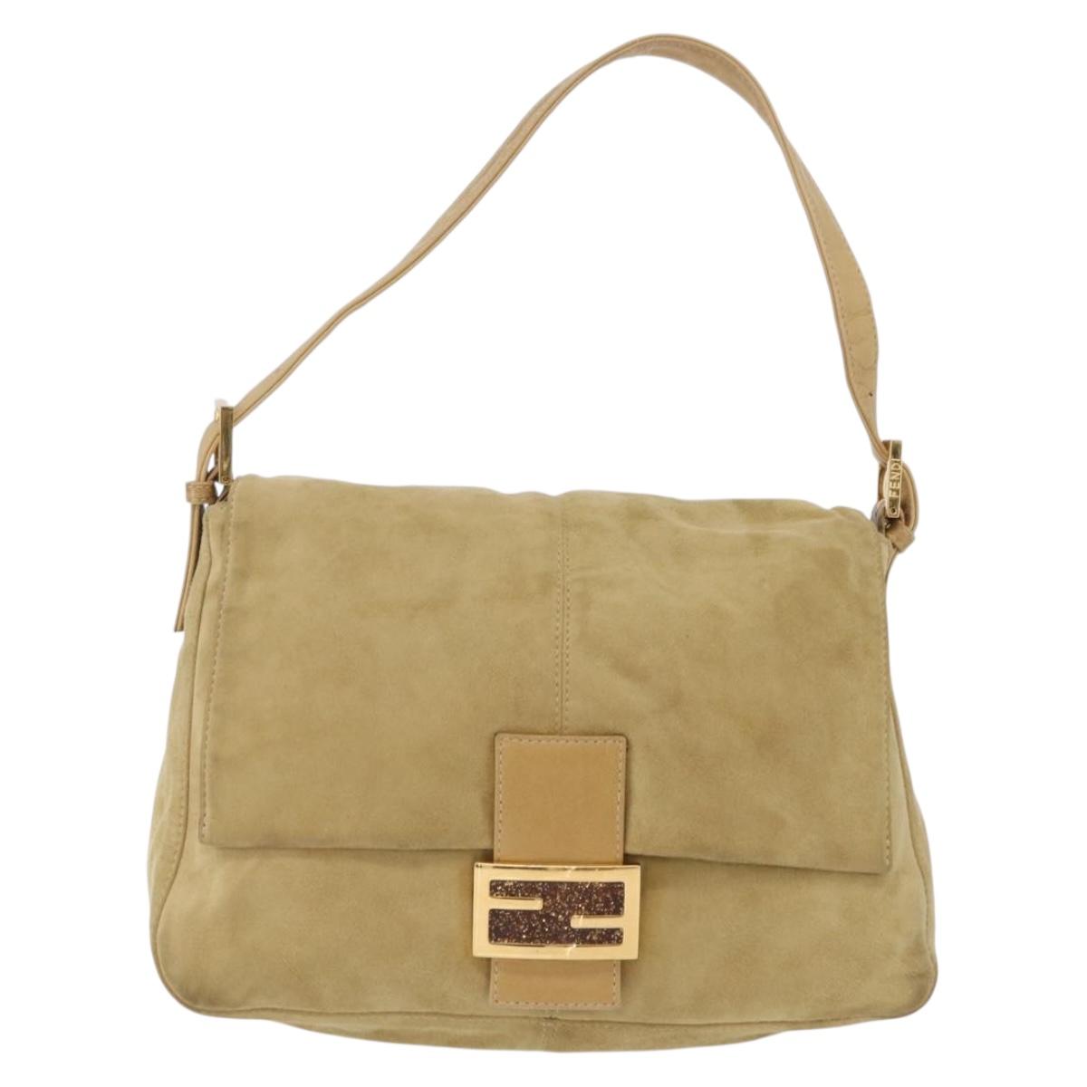 FENDI Mamma Baguette Shoulder Bag Suede Beige Gold Auth 206530A