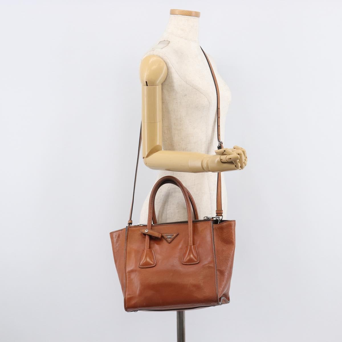 PRADA Hand Bag Leather 2way Brown Silver Auth 206531A