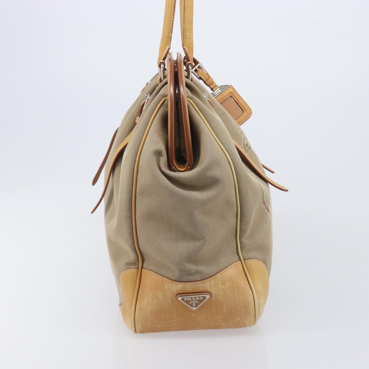PRADA Hand Bag Canvas Beige Silver Auth 206536