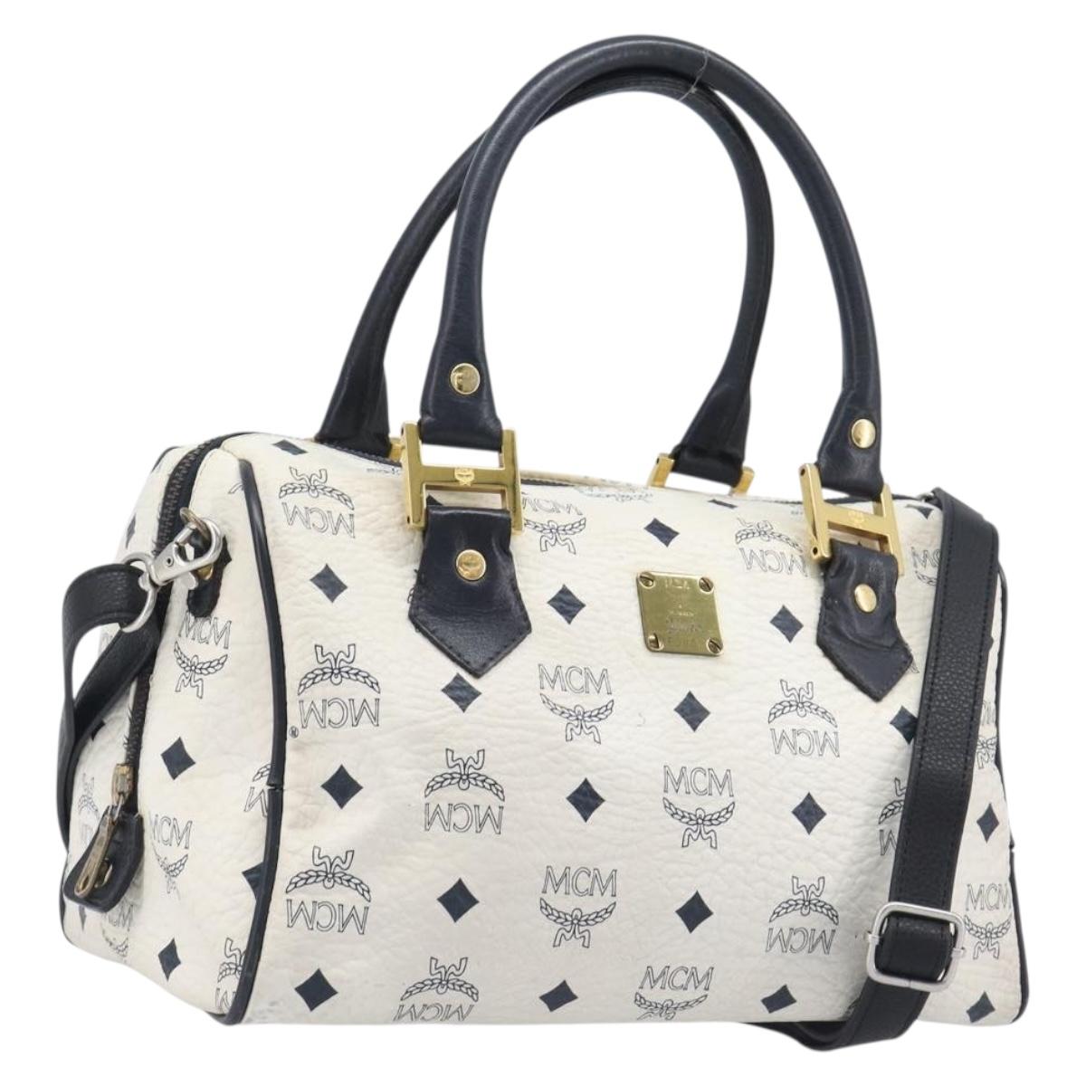 MCM Logogram Vicetos Hand Bag PVC Leather 2way White Gold Auth 206543A