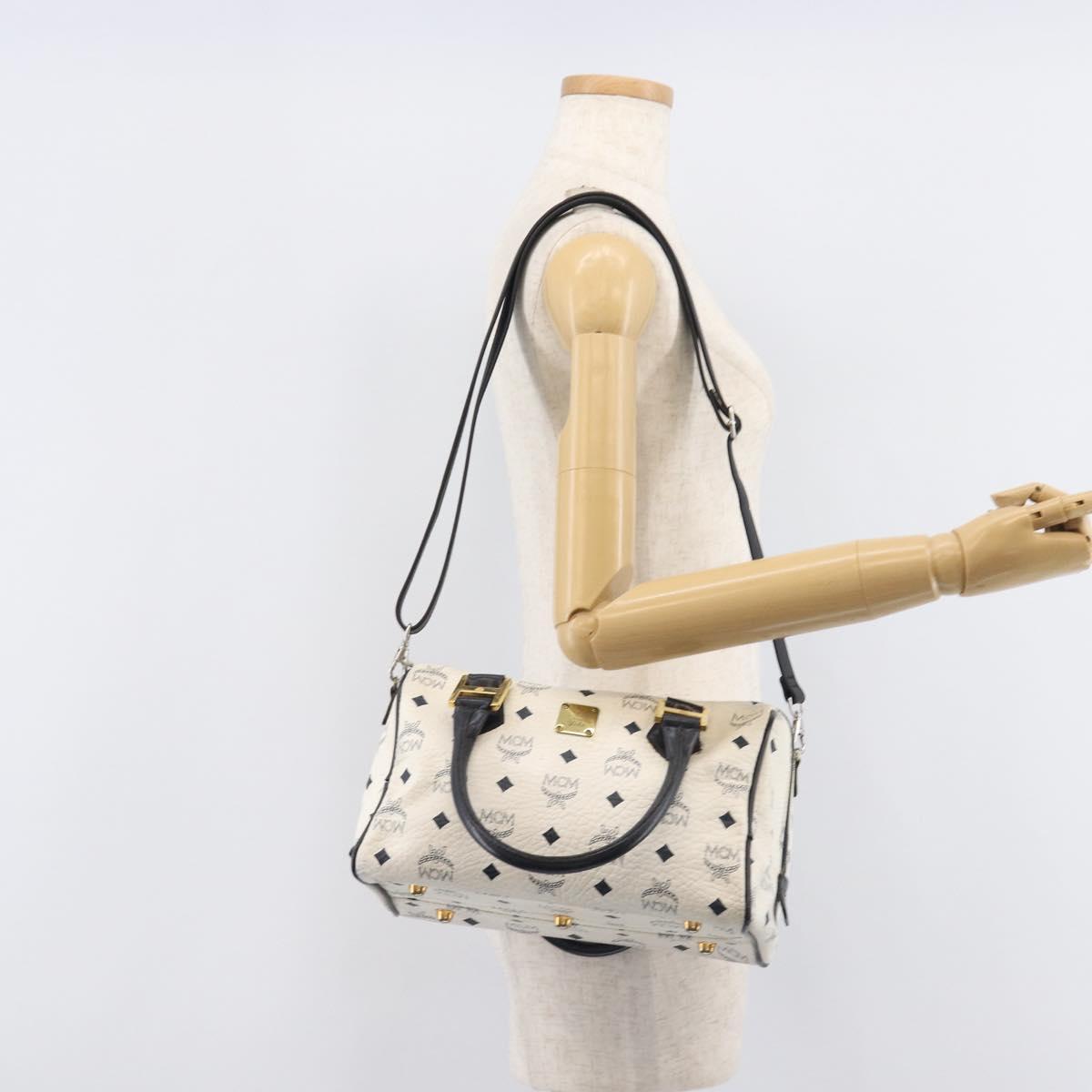 MCM Logogram Vicetos Hand Bag PVC Leather 2way White Gold Auth 206543A
