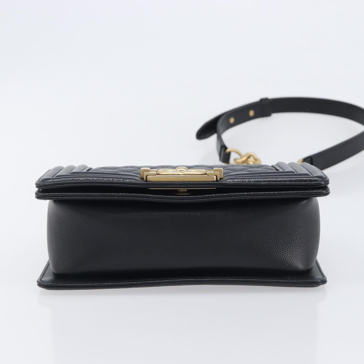 CHANEL Boy Chanel Matelasse Chain Bag Caviar Skin Black Gold CC Auth 206546SAM