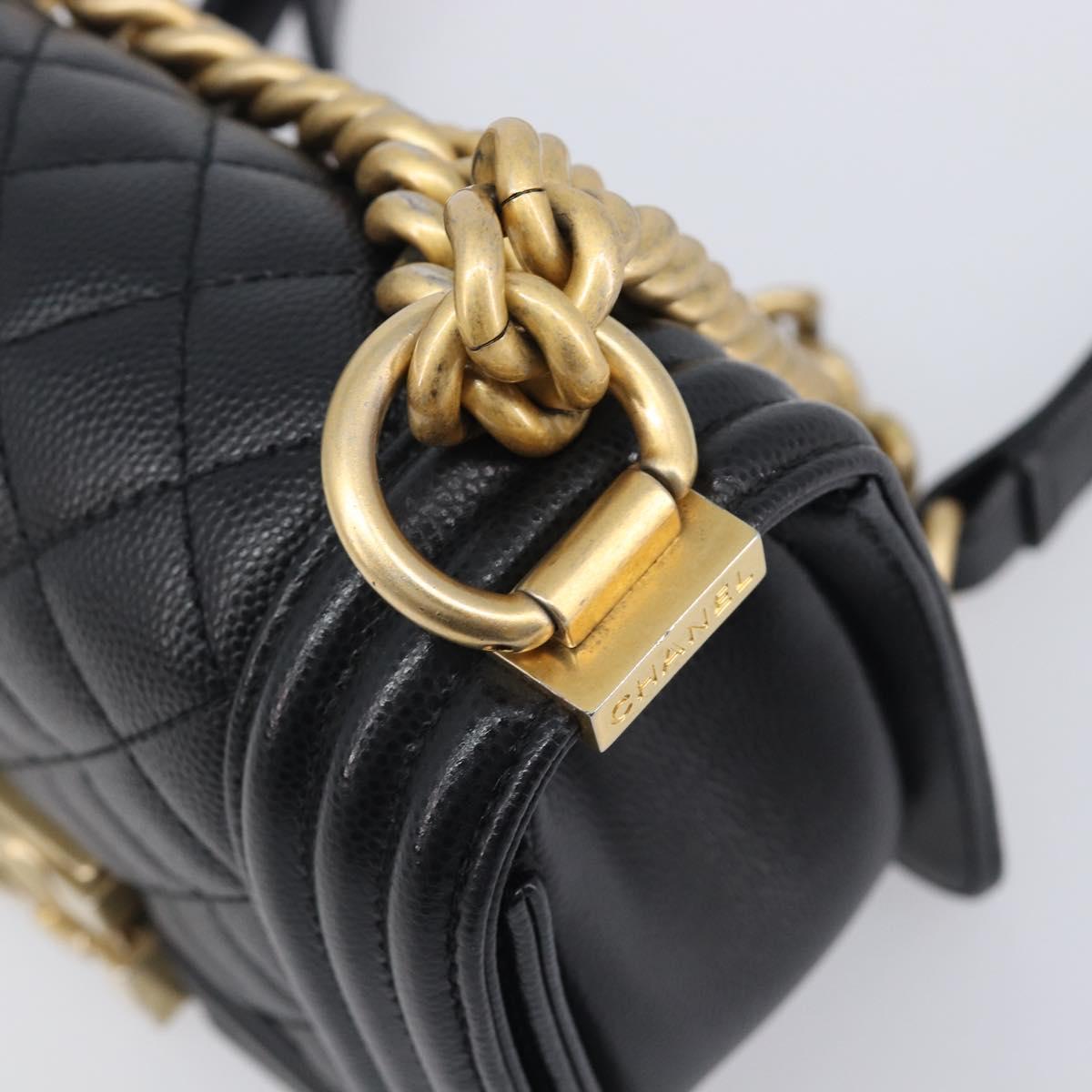 CHANEL Boy Chanel Matelasse Chain Bag Caviar Skin Black Gold CC Auth 206546SAM