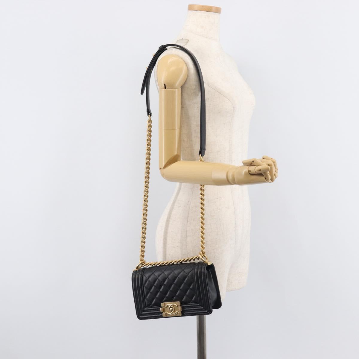 CHANEL Boy Chanel Matelasse Chain Bag Caviar Skin Black Gold CC Auth 206546SAM