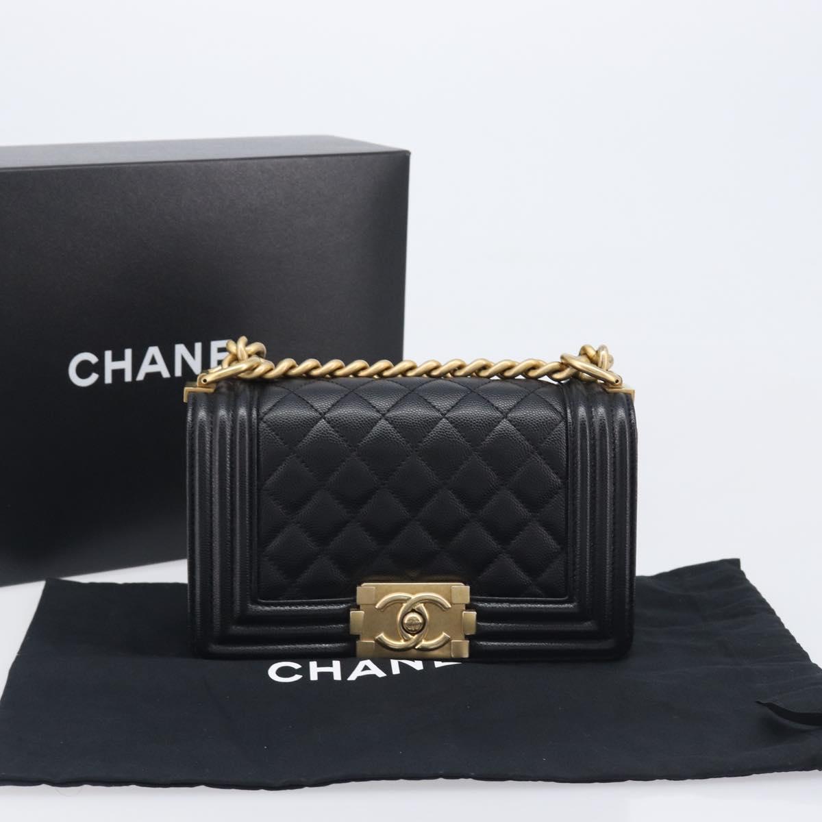 CHANEL Boy Chanel Matelasse Chain Bag Caviar Skin Black Gold CC Auth 206546SAM
