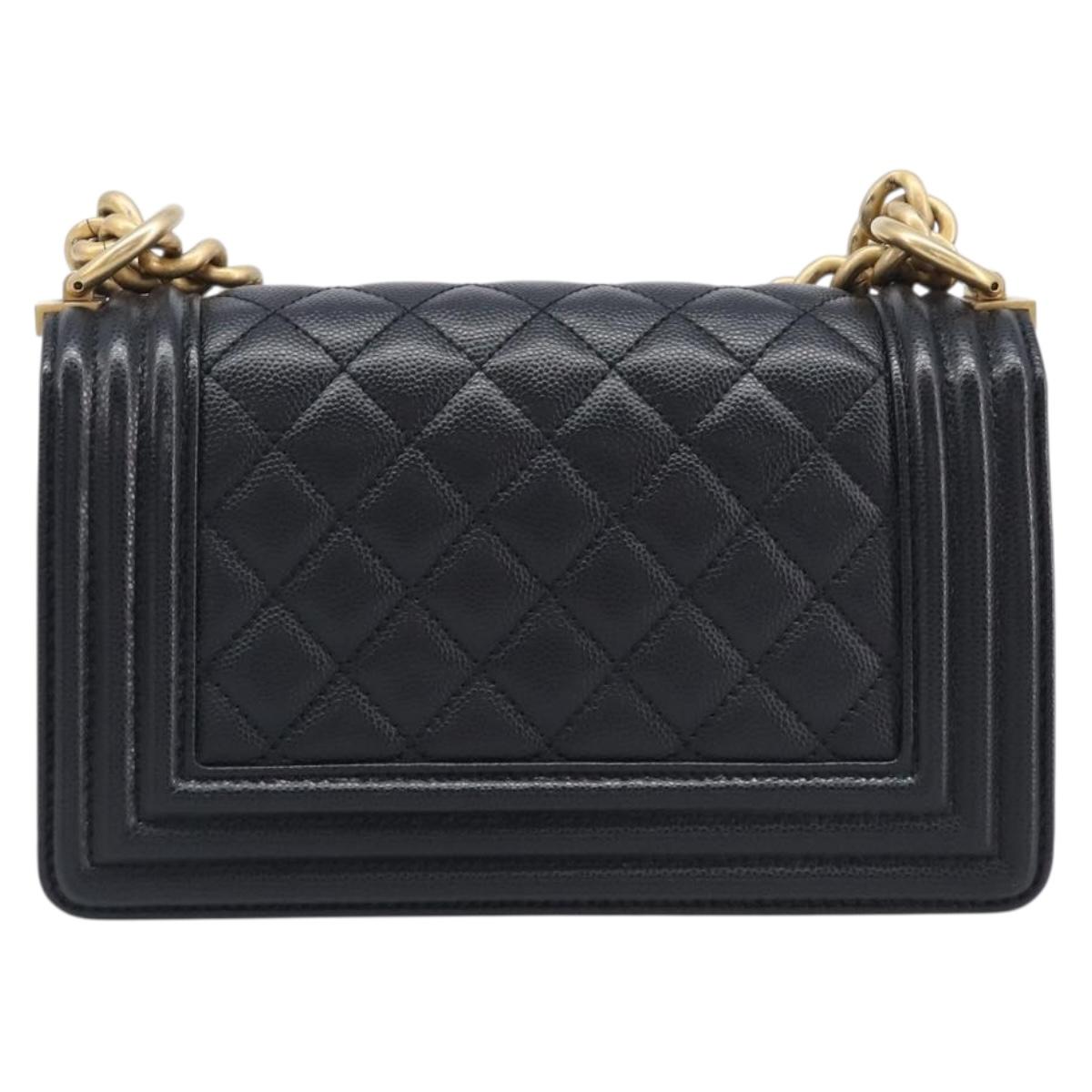 CHANEL Boy Chanel Matelasse Chain Bag Caviar Skin Black Gold CC Auth 206546SAM