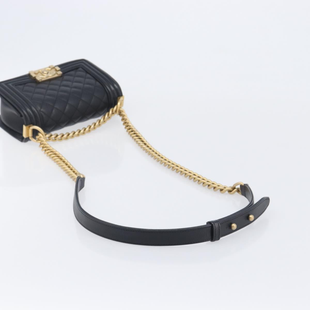 CHANEL Boy Chanel Matelasse Chain Bag Caviar Skin Black Gold CC Auth 206546SAM