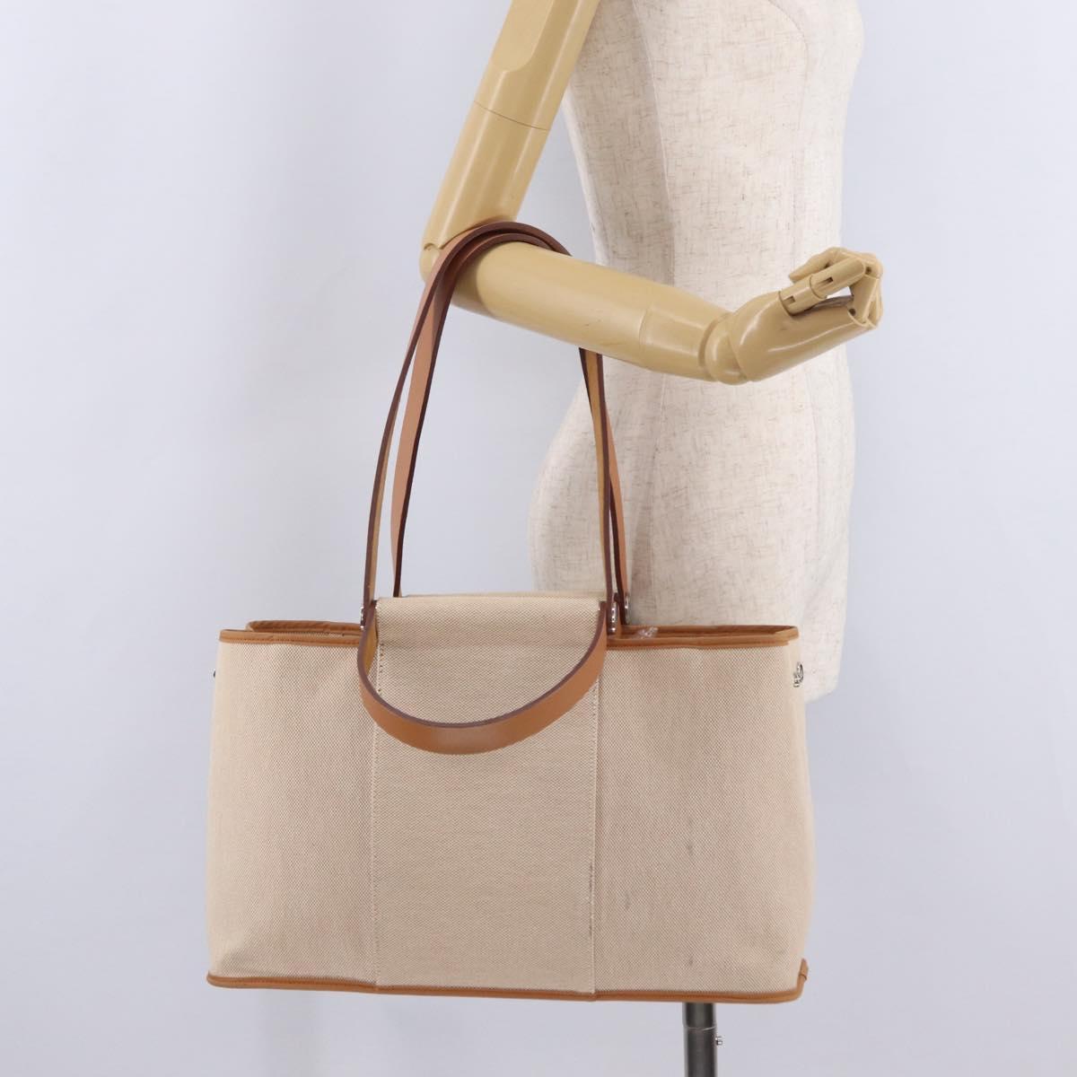 HERMES Kabak Elan PM Hand Bag Canvas Beige Silver Auth 206603V