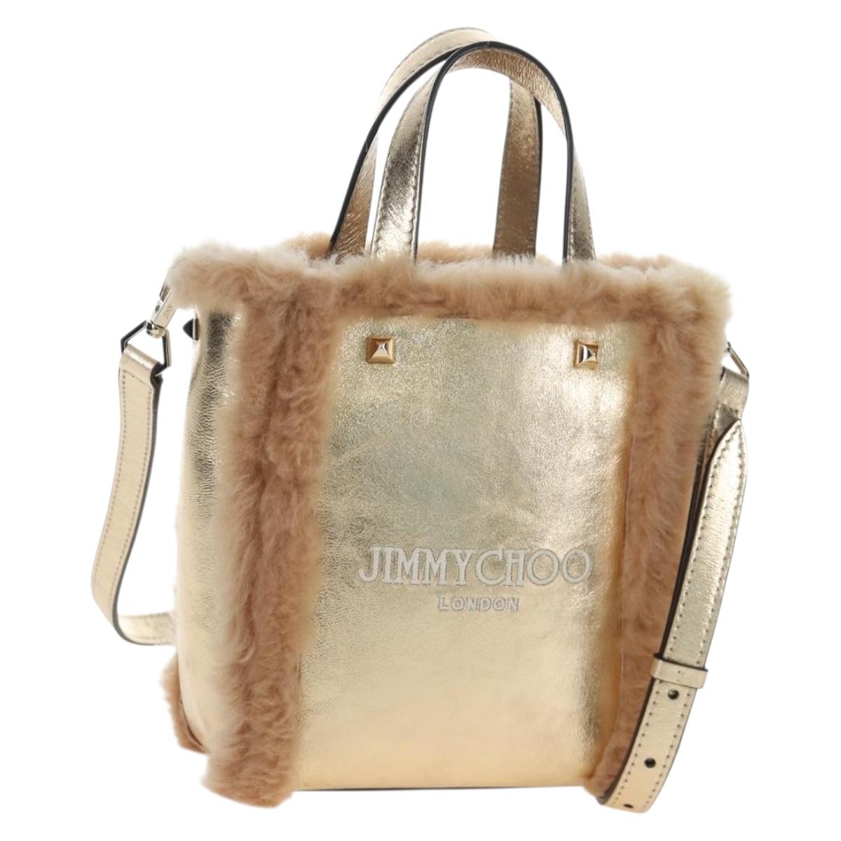 Jimmy Choo Tote Bag Leather Fur 2way Gold Auth 206610V