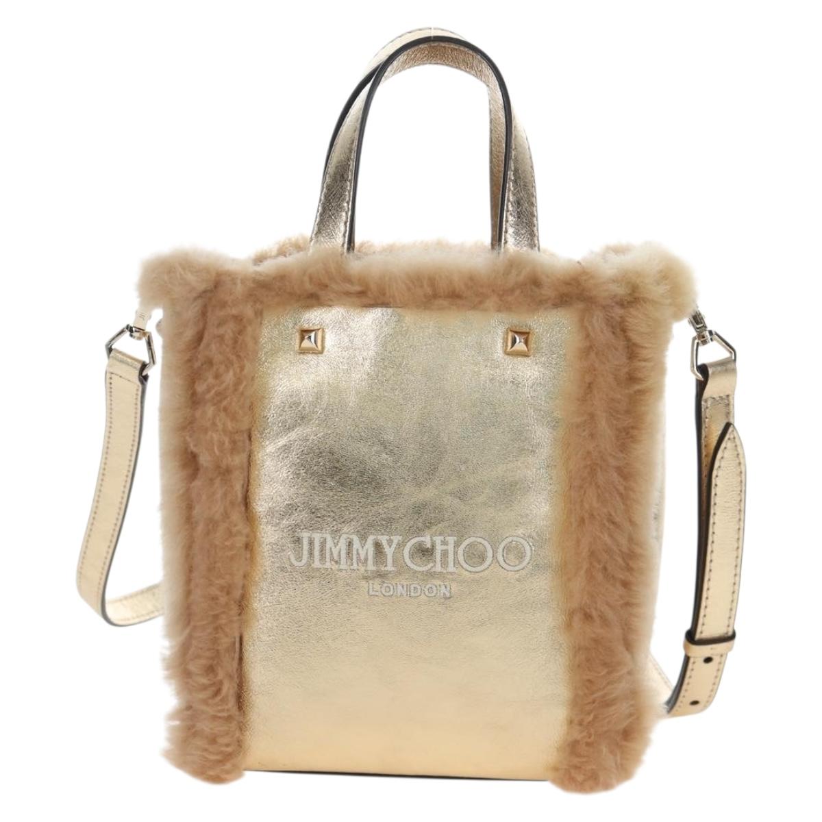 Jimmy Choo Tote Bag Leather Fur 2way Gold Auth 206610V