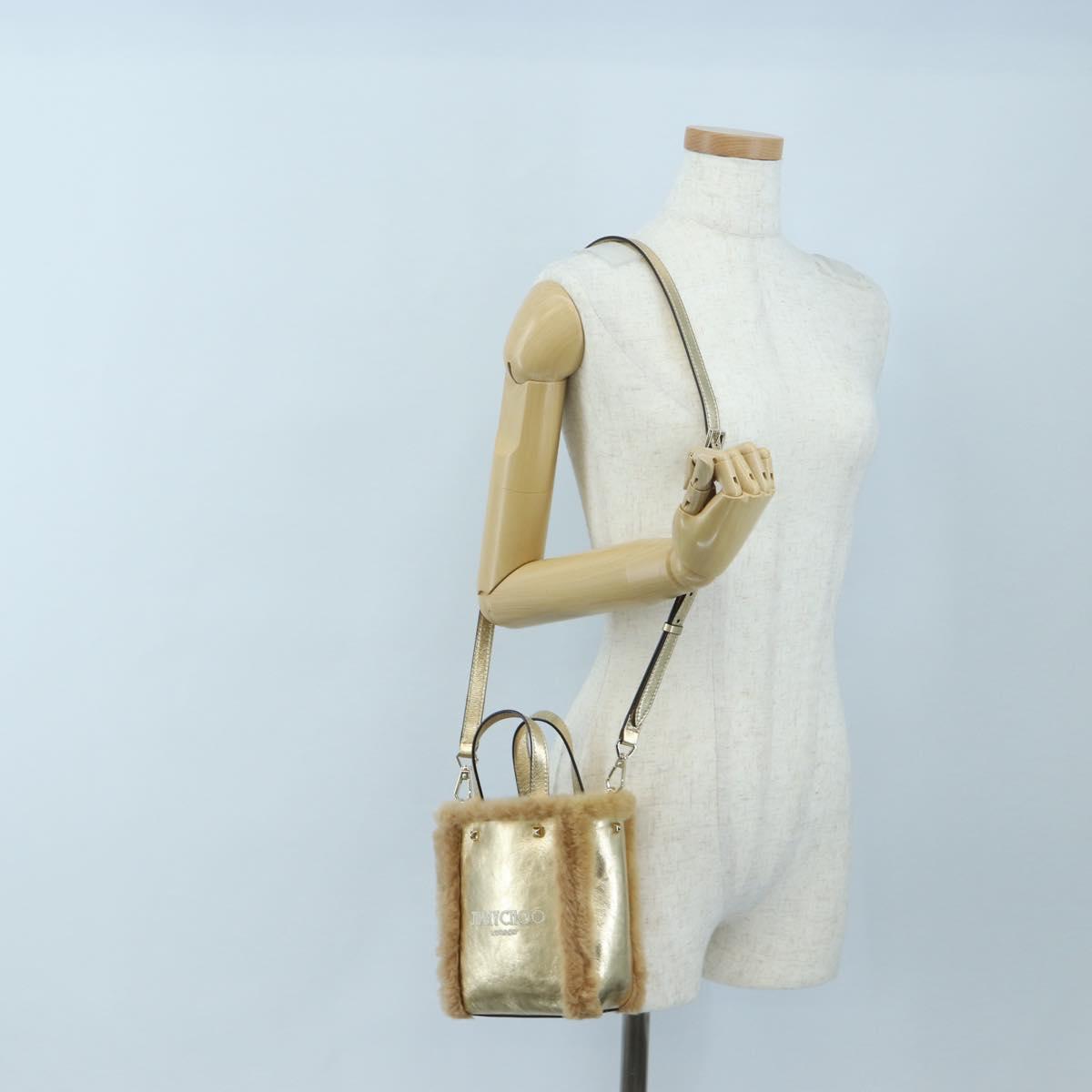 Jimmy Choo Tote Bag Leather Fur 2way Gold Auth 206610V
