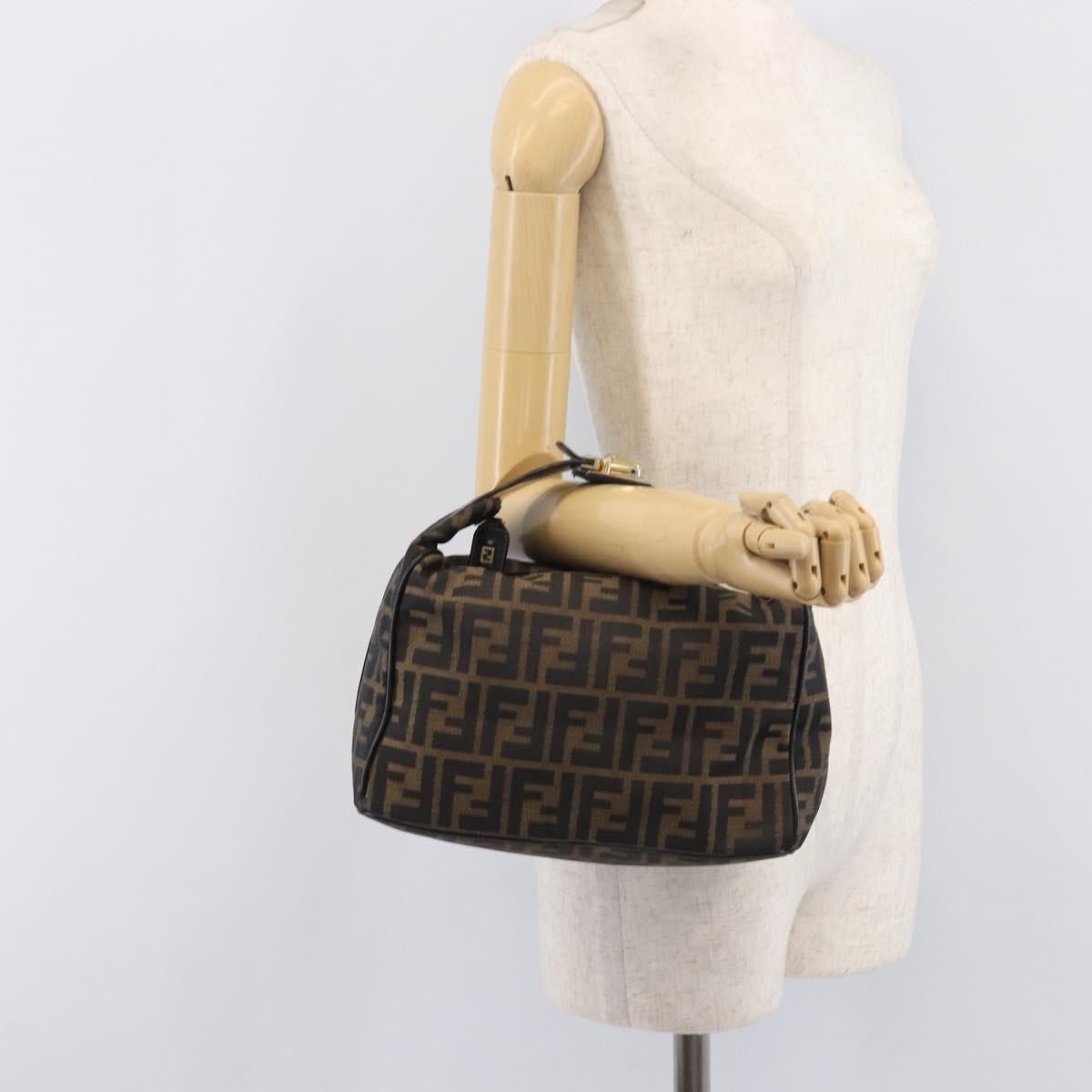 FENDI Zucca Canvas Vanity Cosmetic Pouch Brown Gold Tone Auth 206619